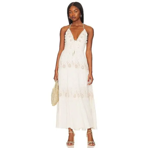 maxi ivory embroidered dress 11 years Baltic Born Womens Eva Embroidered Maxi Dress | White + Gold main image 0